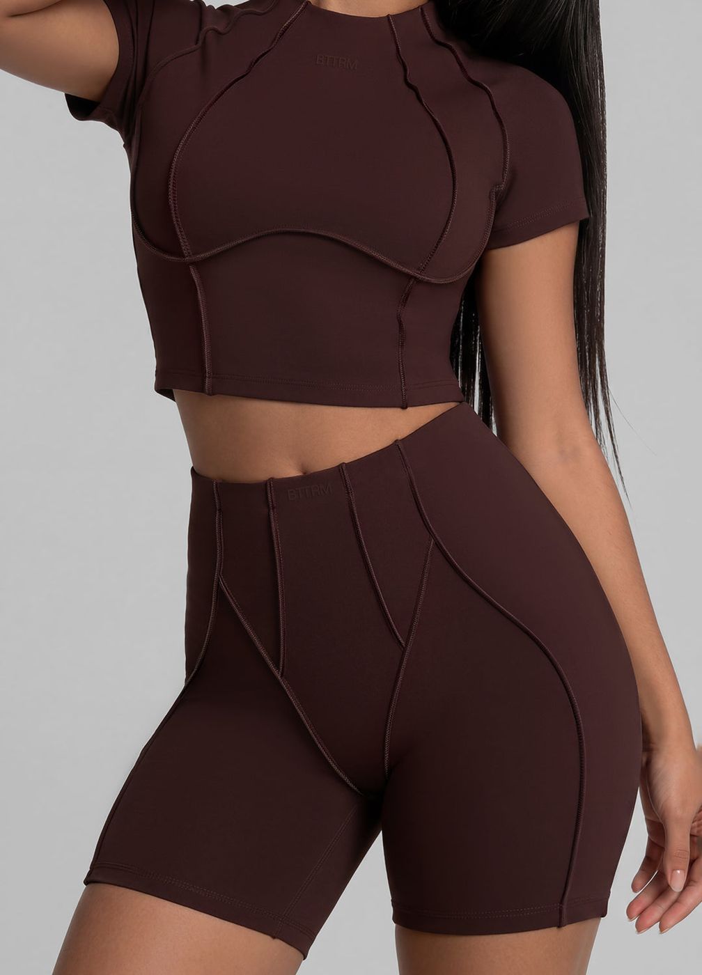 Contour Stitch Micro Shorts in Chocolate, front view