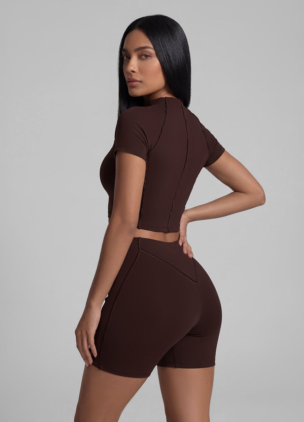 Contour Stitch Micro Shorts in Chocolate, detail