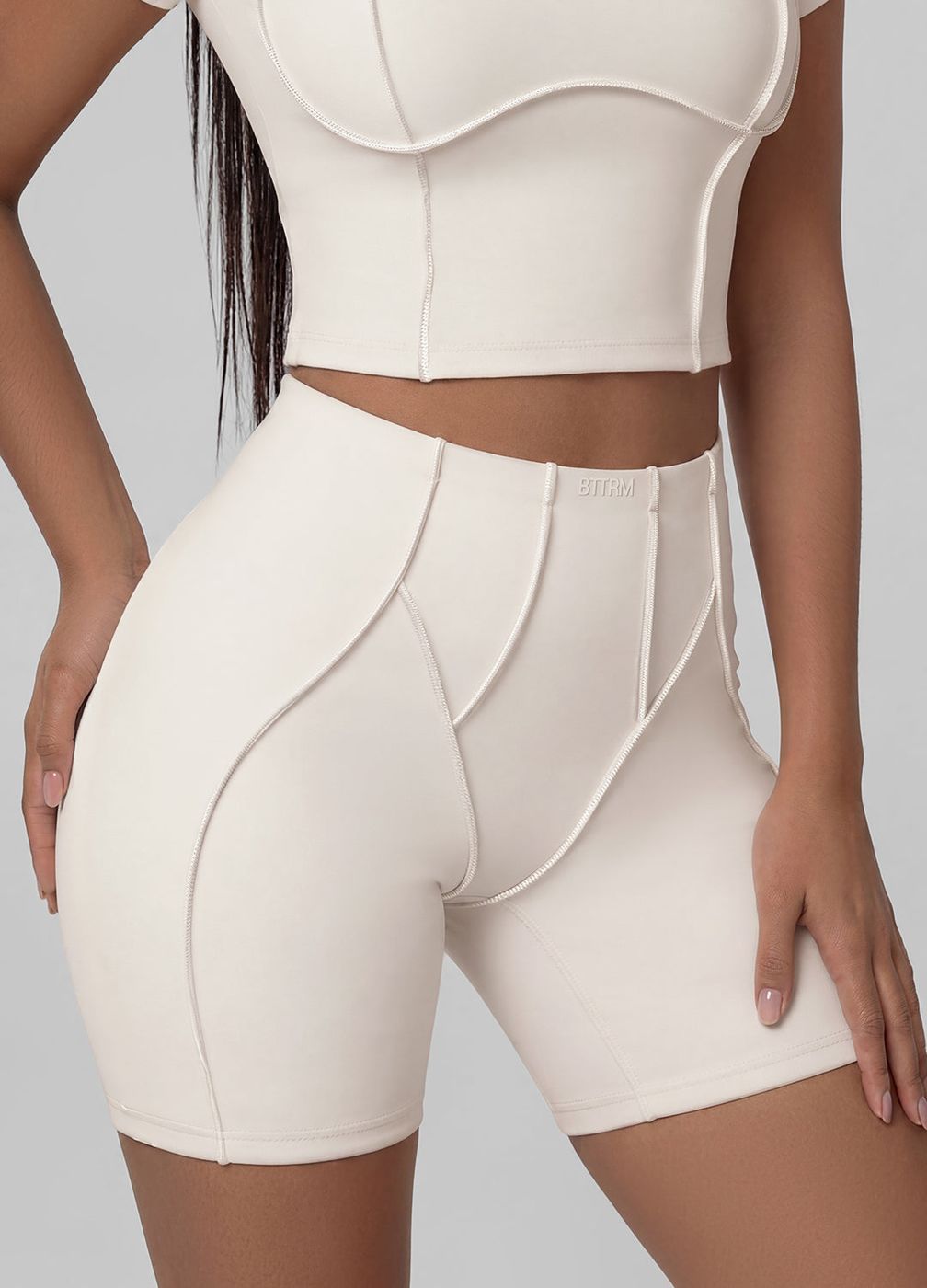 Contour Stitch Micro Shorts in Ivory, front view