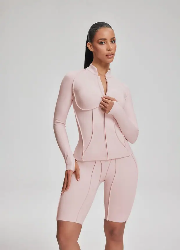 Contour Zip-up Long Sleeve Top in Ballet Pink, front view