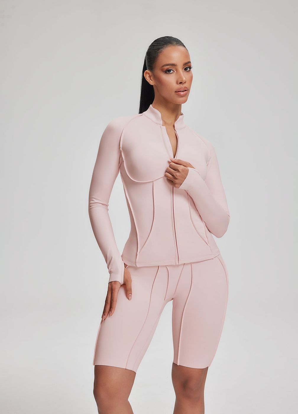 Contour Zip-up Long Sleeve Top in Ballet Pink, front view