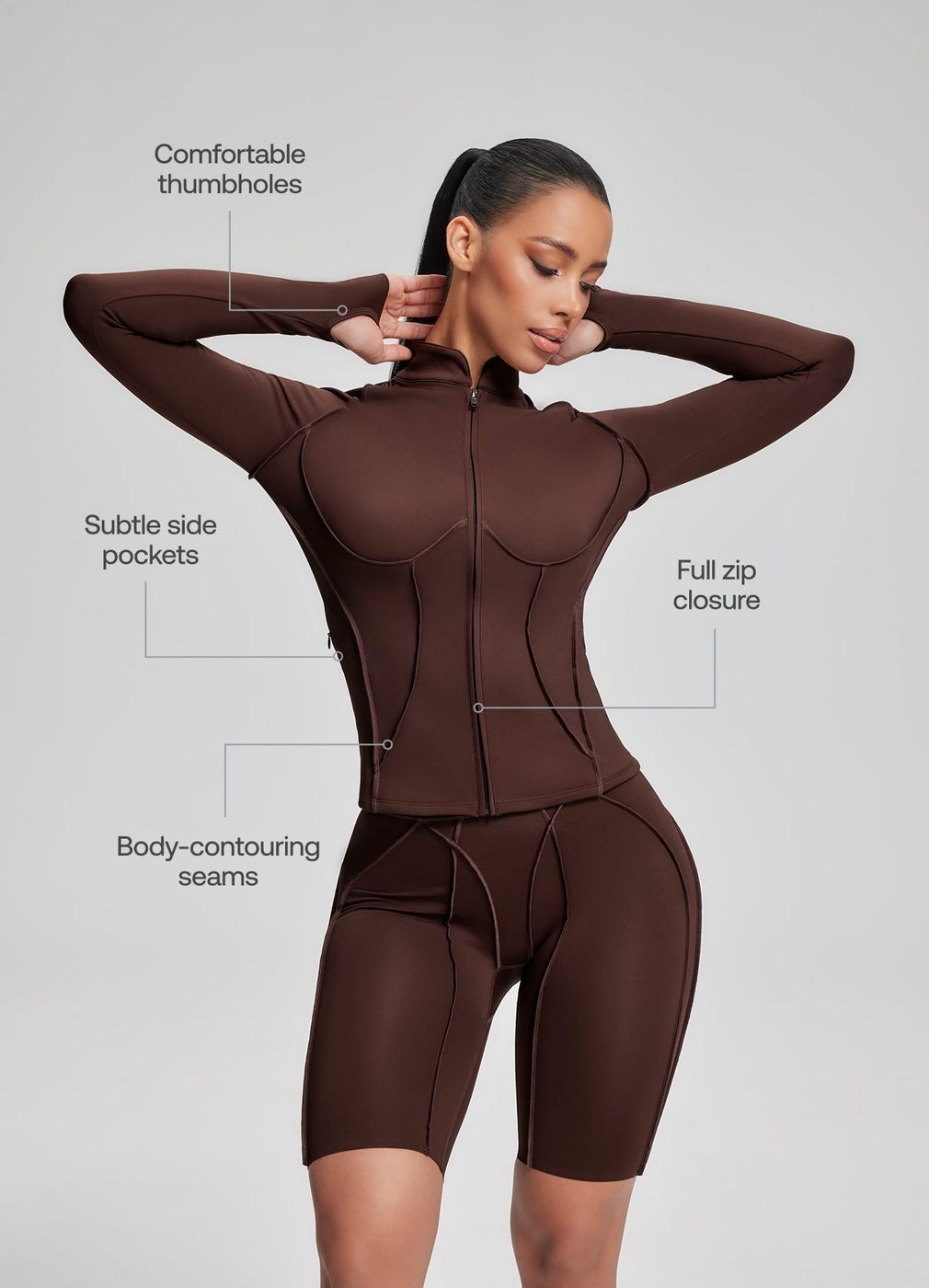 Contour Zip-up Long Sleeve Top in Chocolate, second view