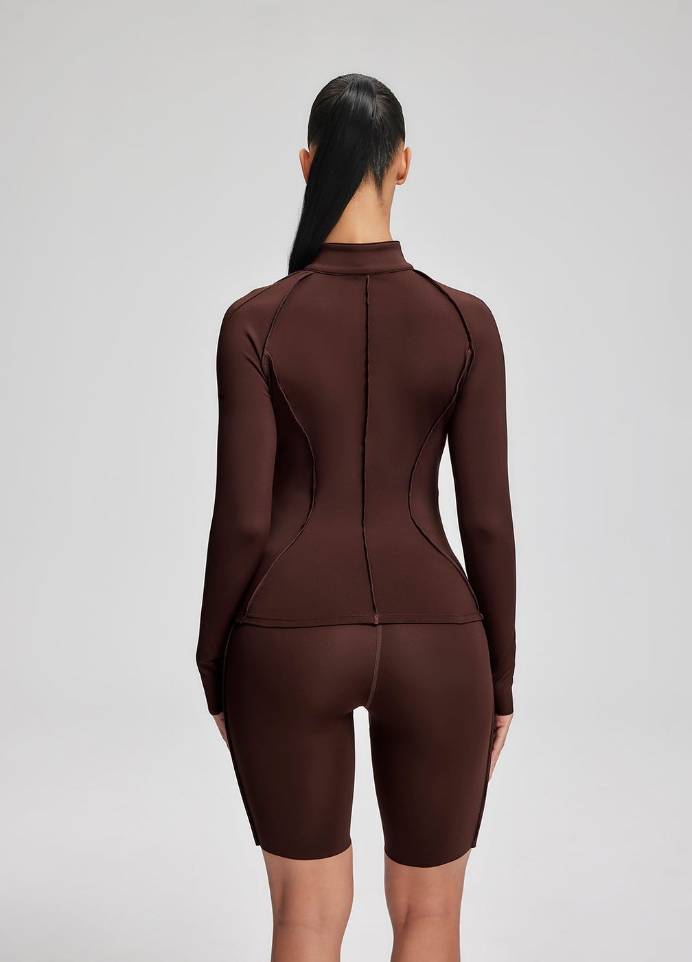 Contour Zip-up Long Sleeve Top in Chocolate, detail