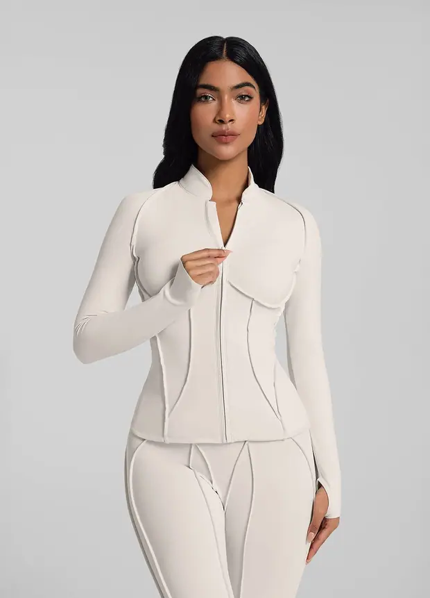 Contour Zip-up Long Sleeve Top in Ivory, front view