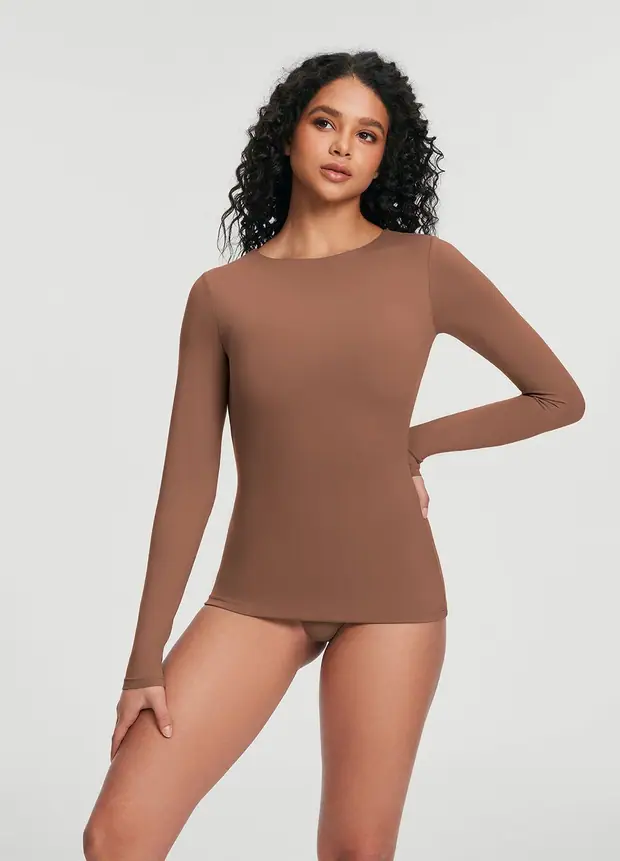 Crew Neck Long Sleeve Top in Mocha, front view