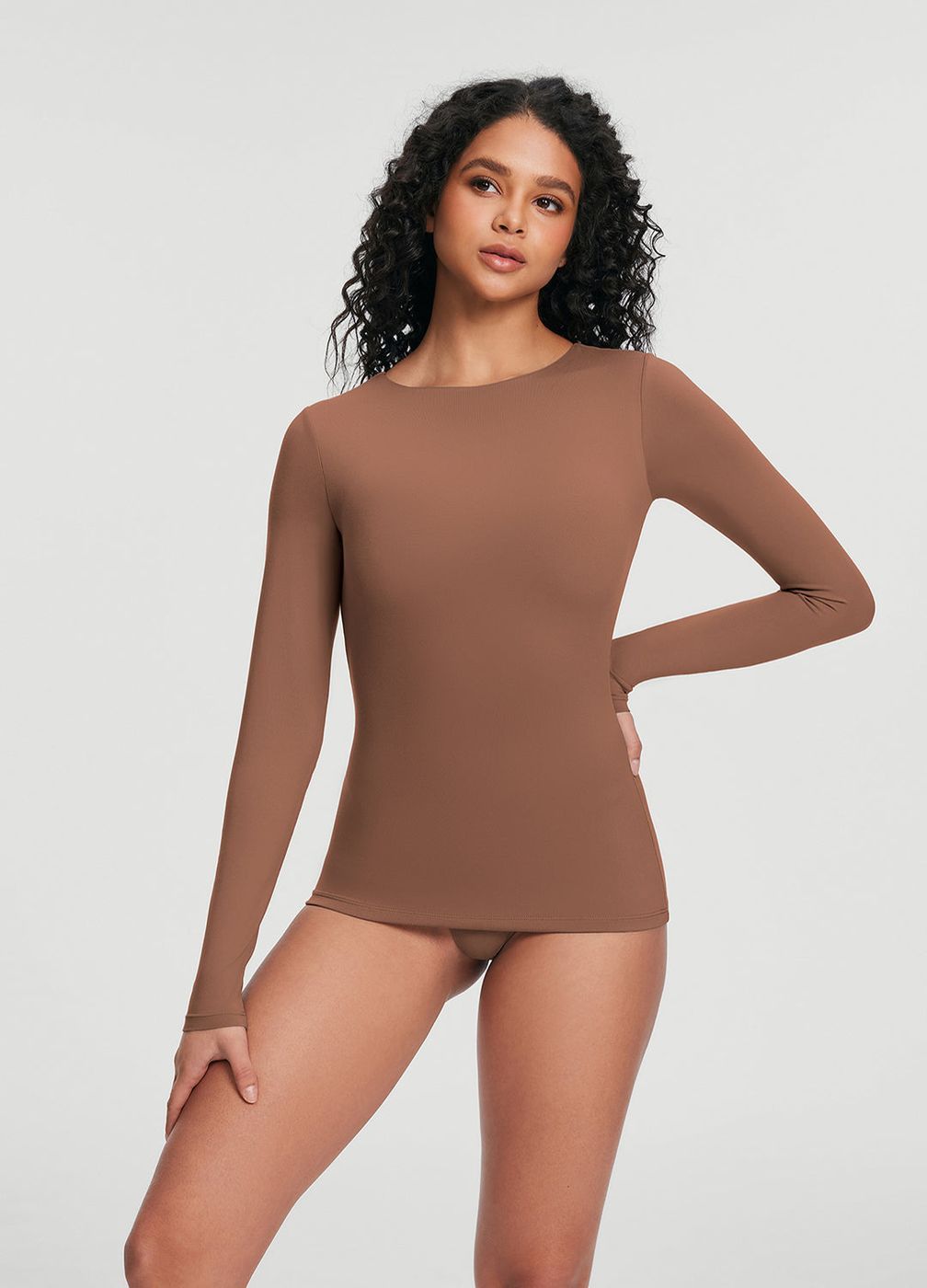 Crew Neck Long Sleeve Top in Mocha, front view