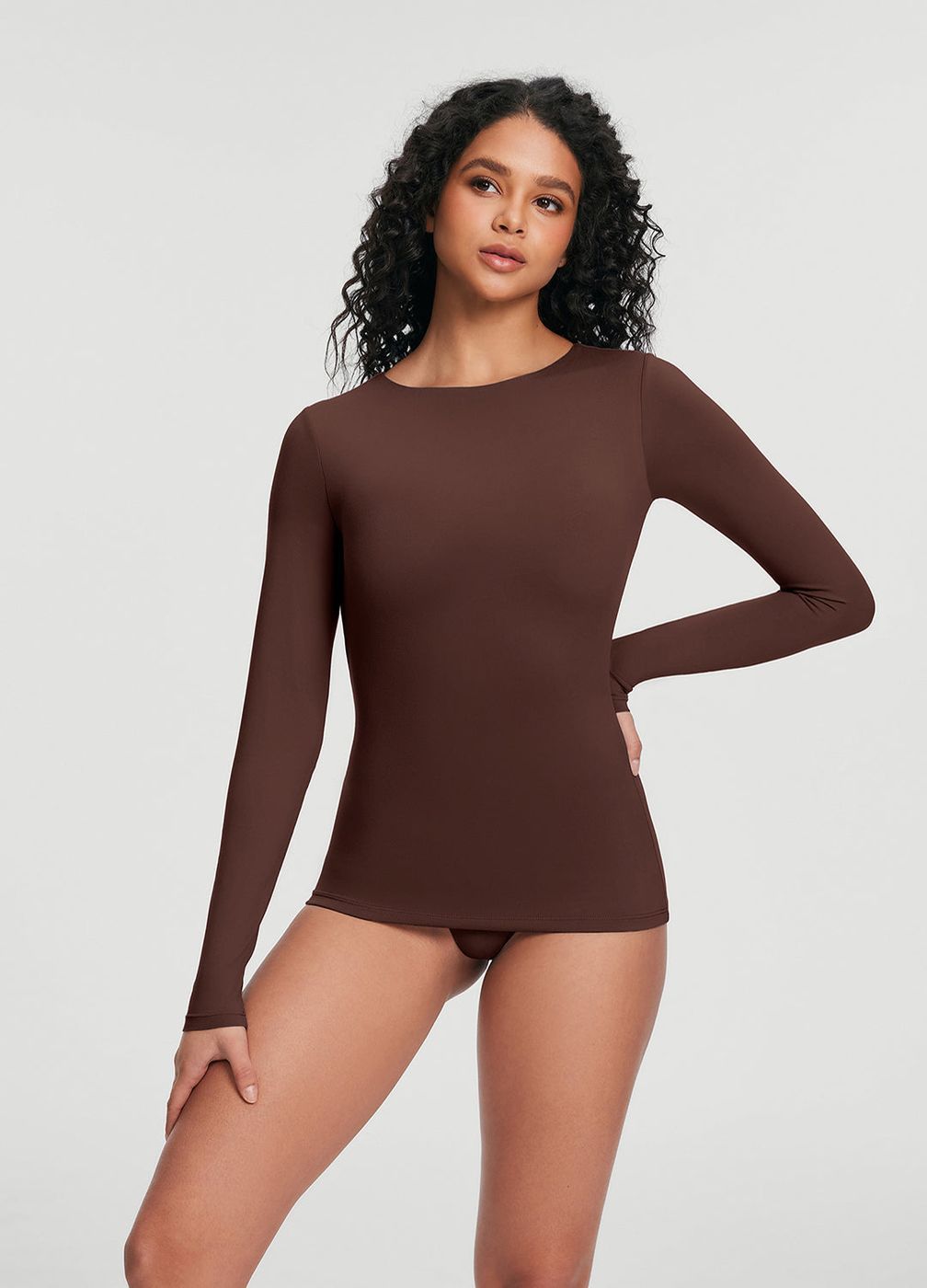 Crew Neck Long Sleeve Top in Chocolate, second view