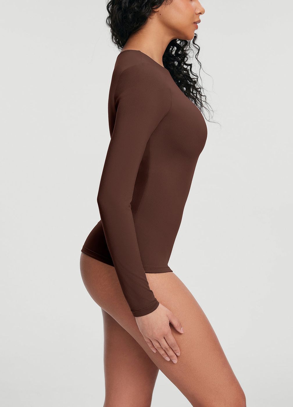 Crew Neck Long Sleeve Top in Chocolate, detail