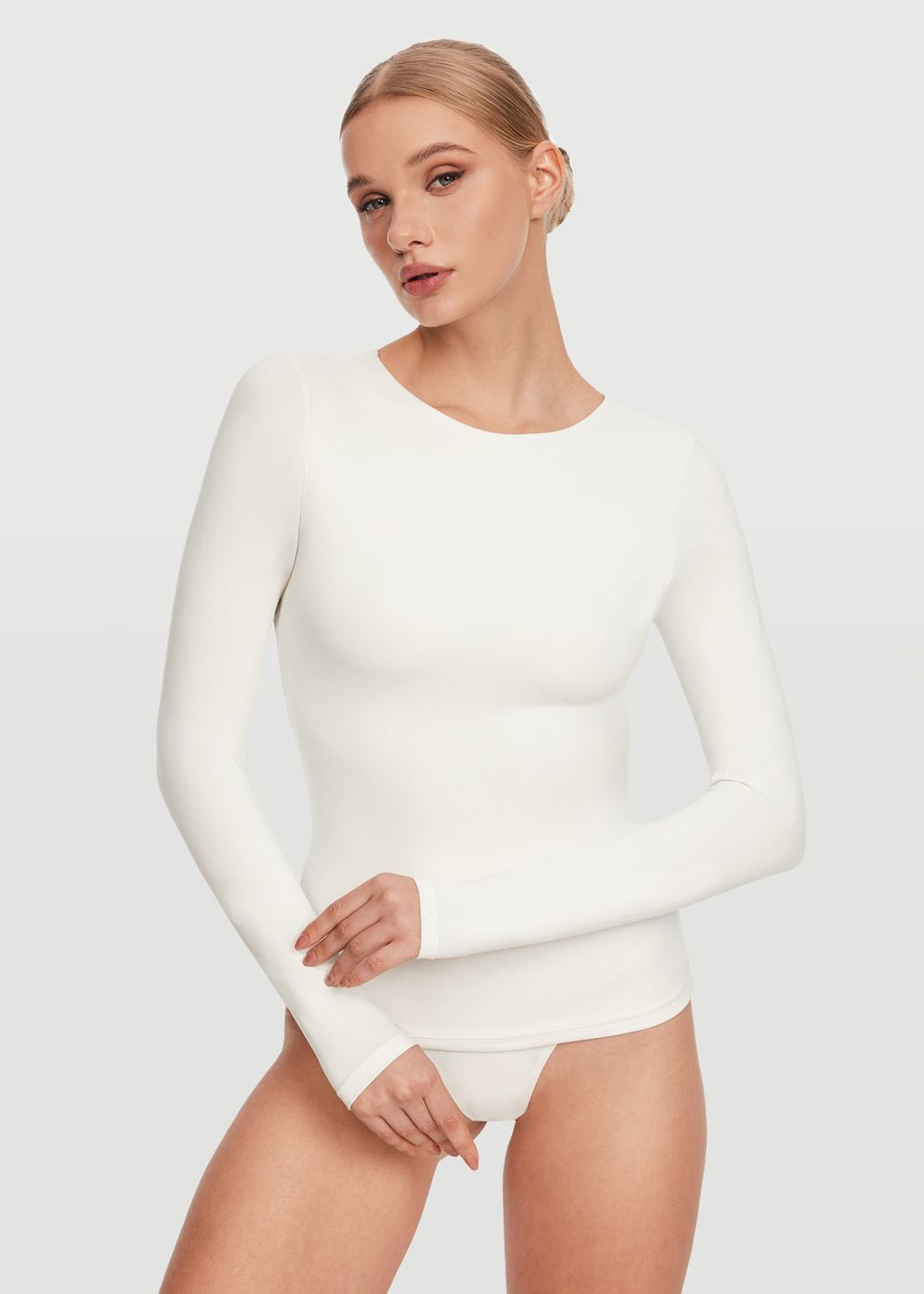 Crew Neck Long Sleeve Top in White, front view