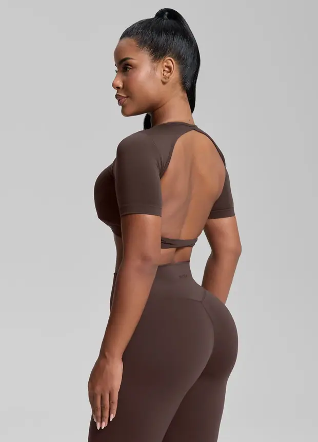 Crew Neckline Backless Crop Top in Chocolate, front view