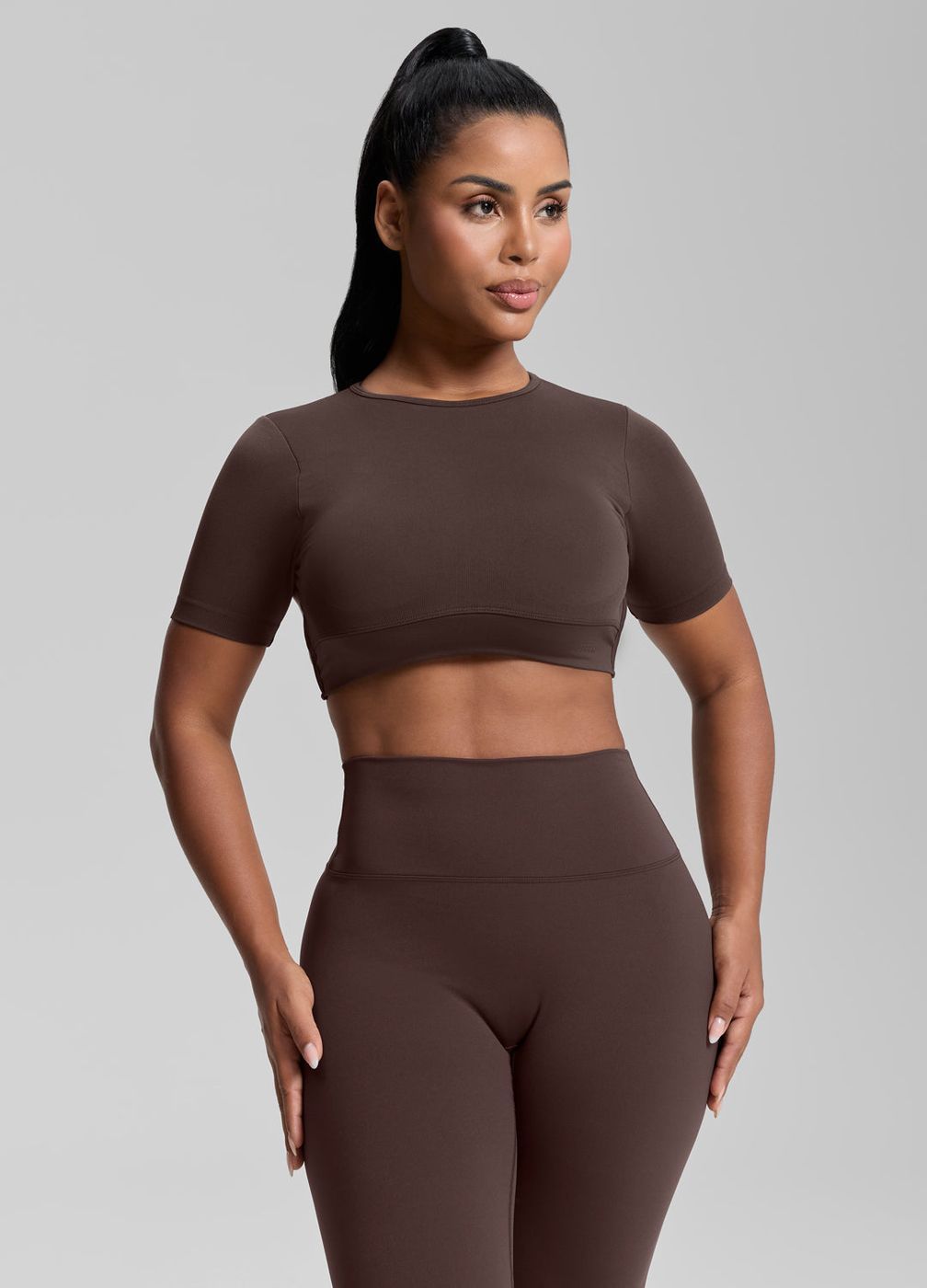 Crew Neckline Backless Crop Top in Chocolate, second view