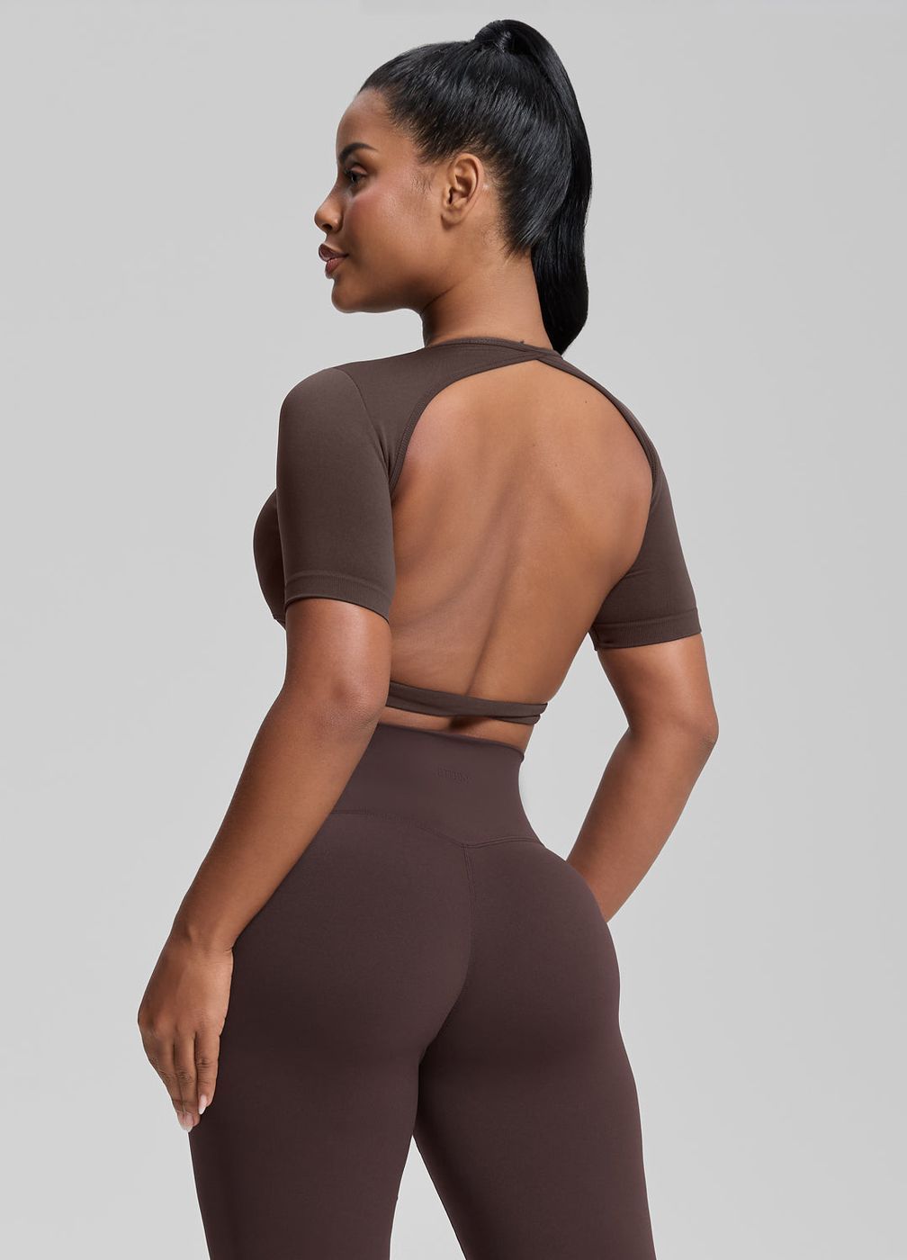 Crew Neckline Backless Crop Top in Chocolate, detail