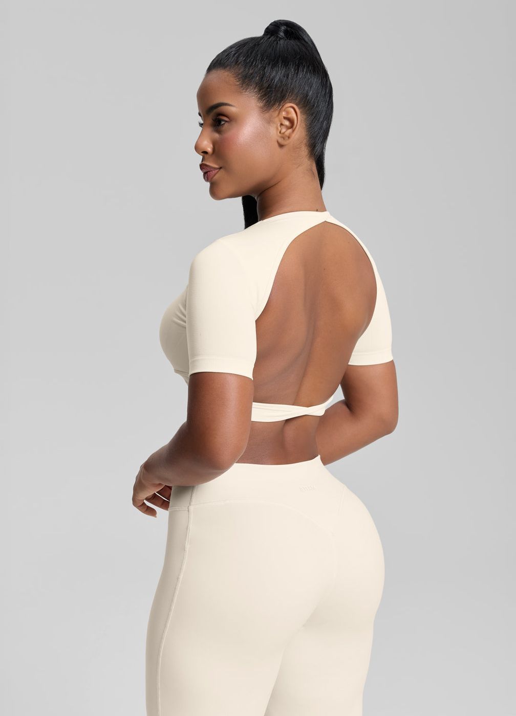 Crew Neckline Backless Crop Top in Ivory, front view