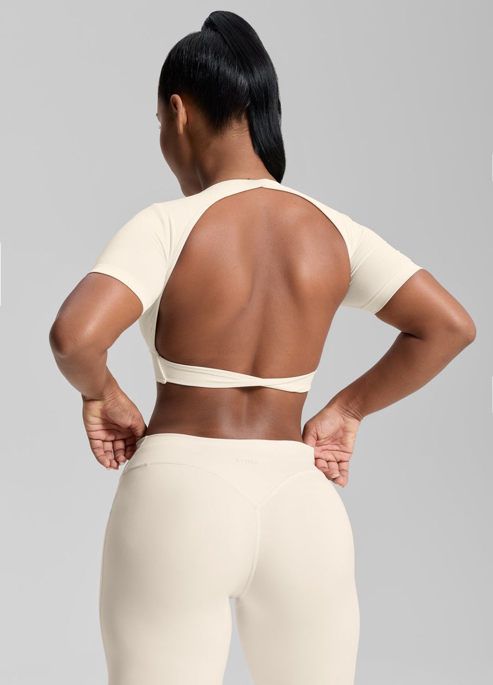 Crew Neckline Backless Crop Top in Ivory, detail