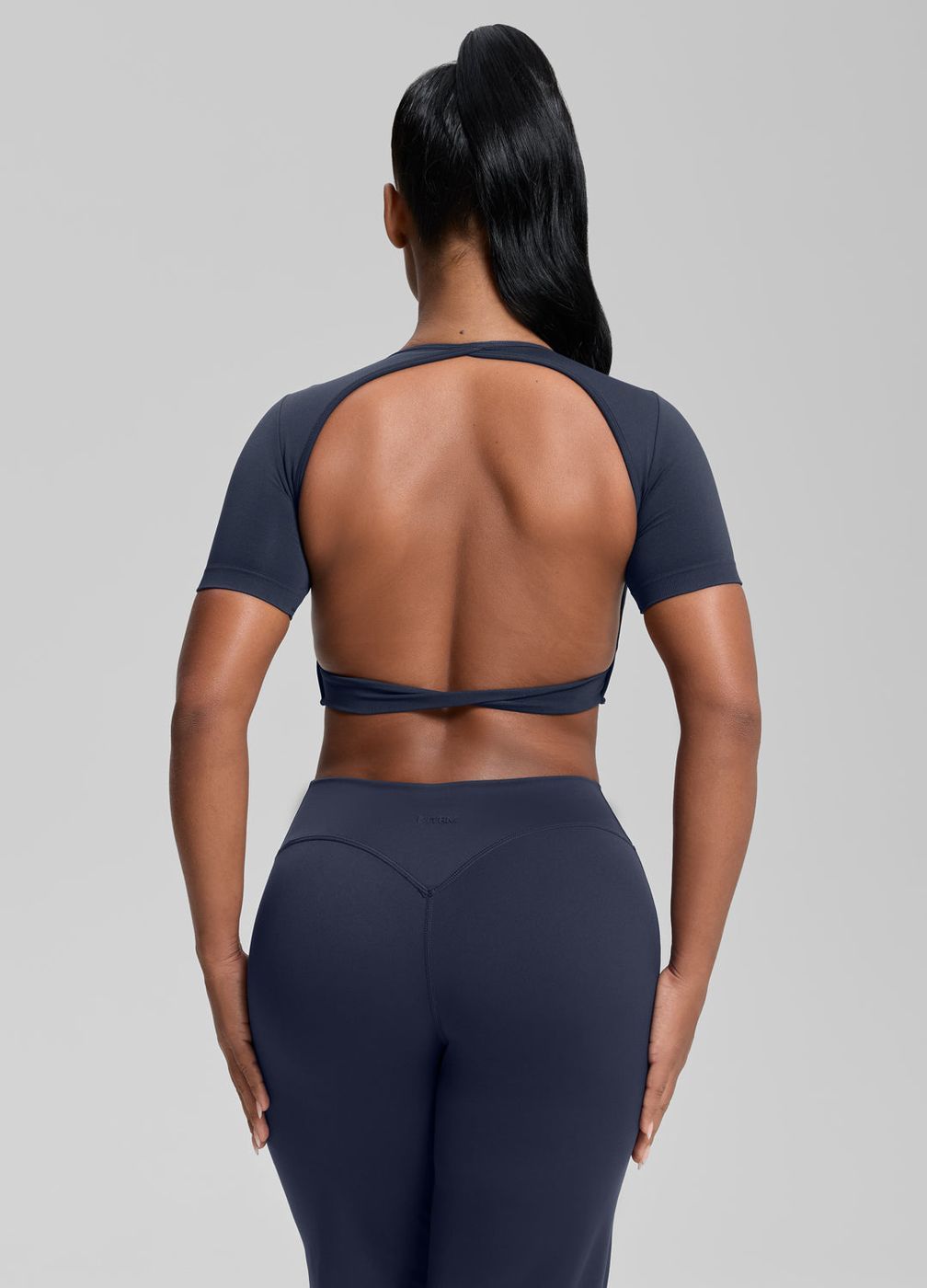 Crew Neckline Backless Crop Top in Midnight Navy, front view