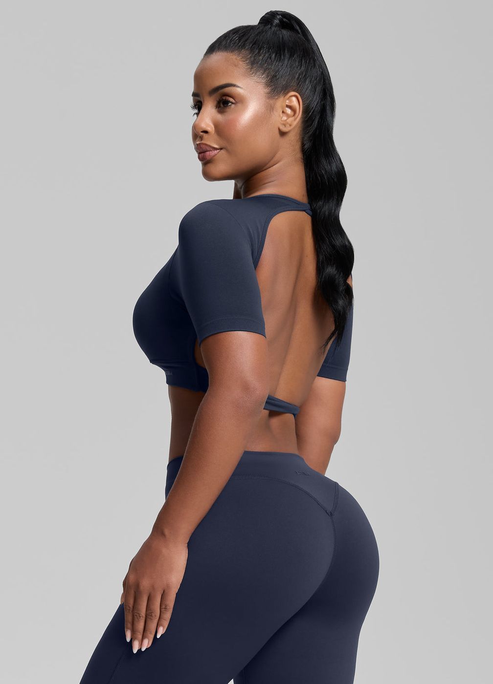 Crew Neckline Backless Crop Top in Midnight Navy, second view