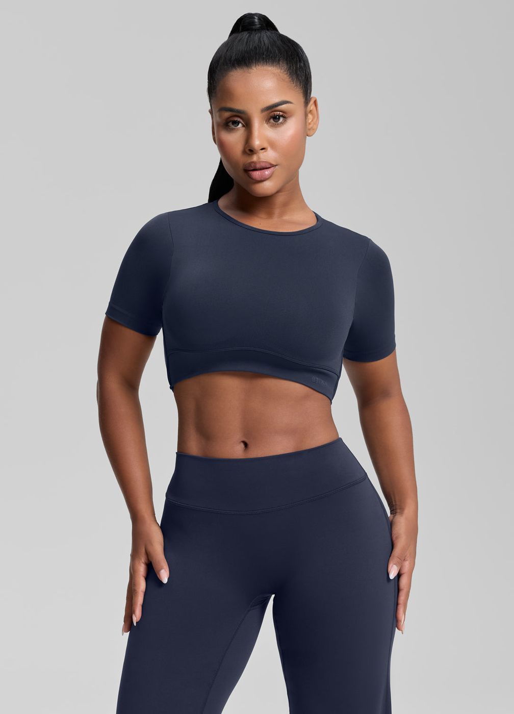 Crew Neckline Backless Crop Top in Midnight Navy, detail