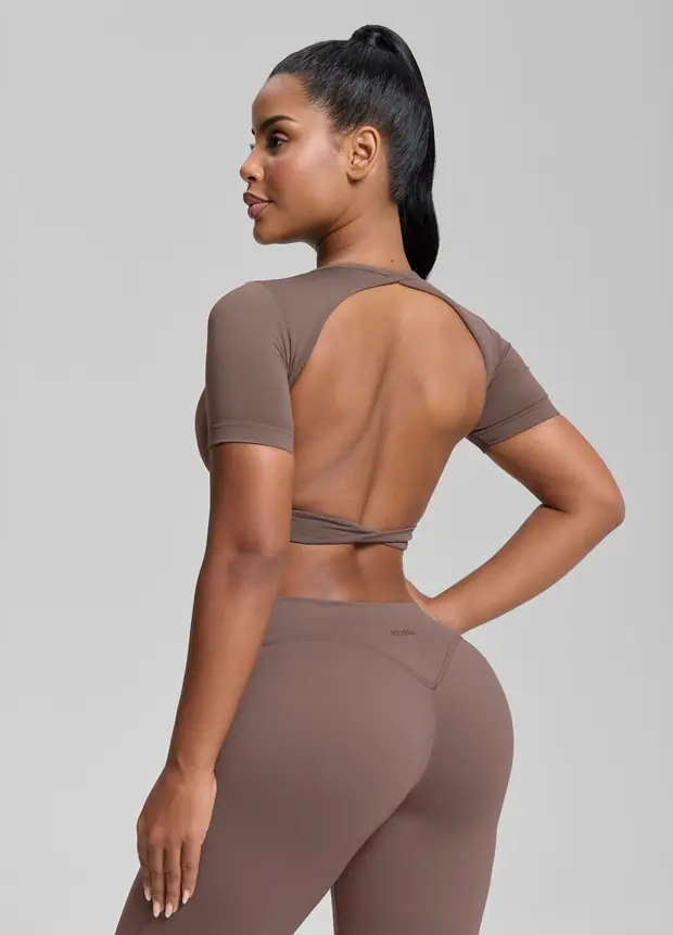 Crew Neckline Backless Crop Top in Dusty Taupe, front view