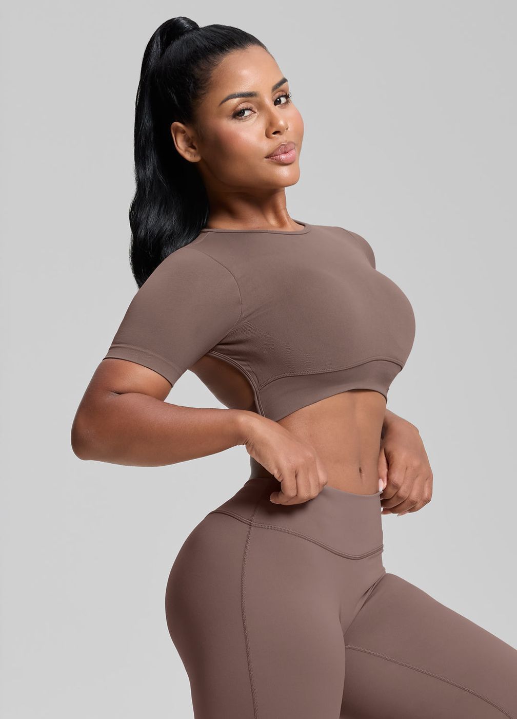Crew Neckline Backless Crop Top in Dusty Taupe, second view