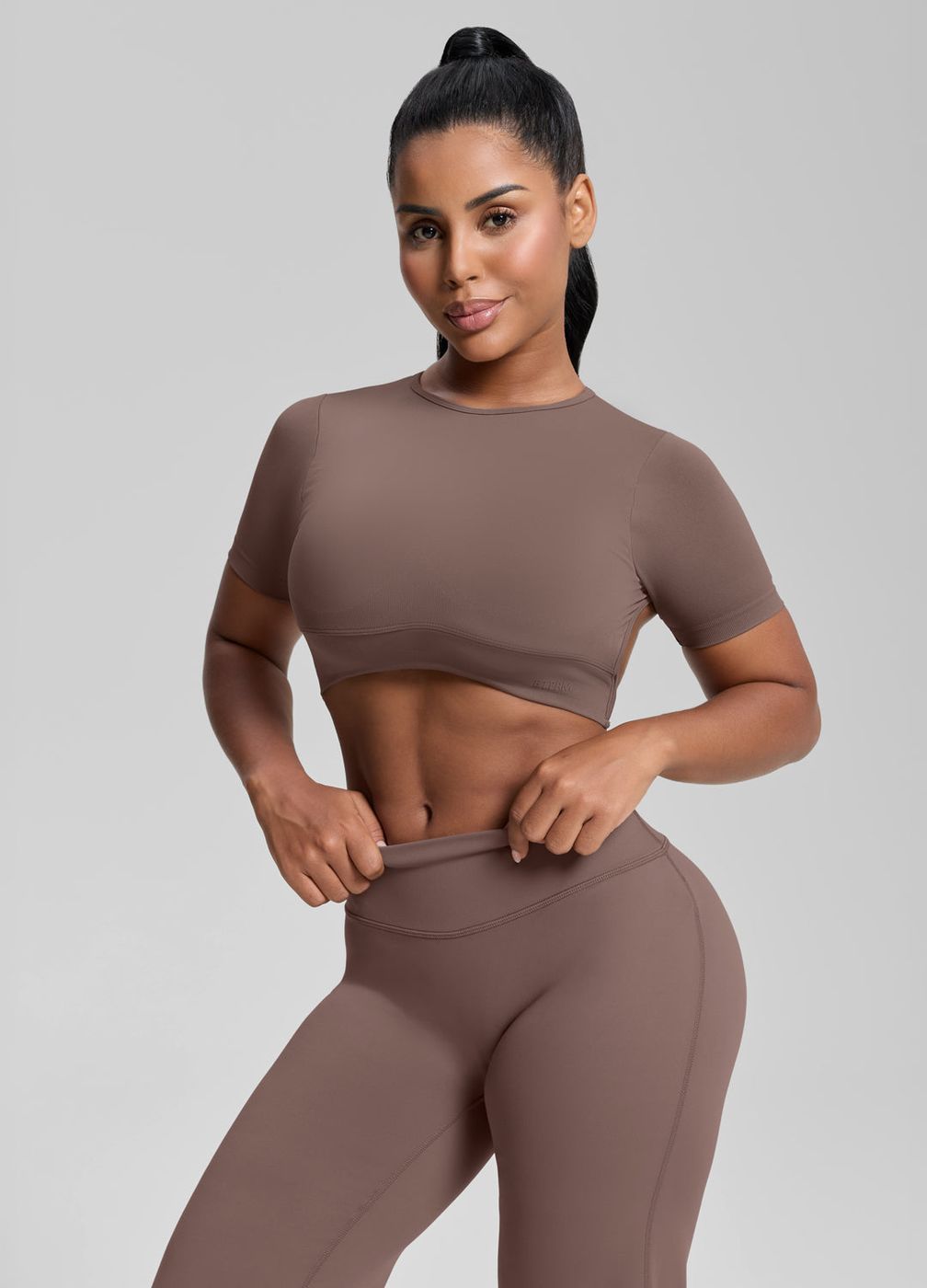 Crew Neckline Backless Crop Top in Dusty Taupe, detail