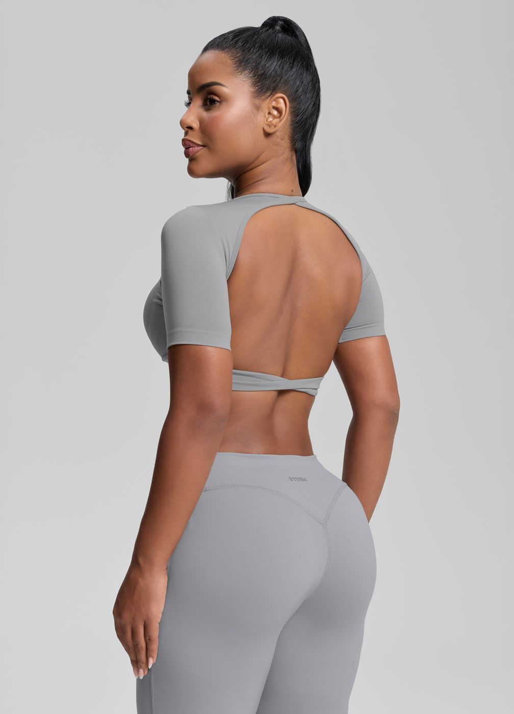 Crew Neckline Backless Crop Top in Ash Grey, front view
