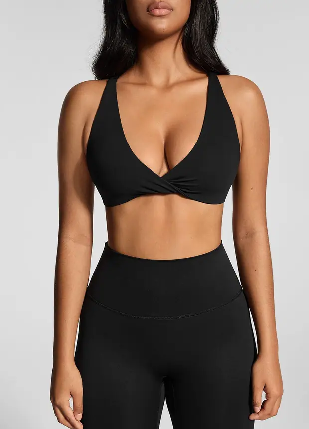 Criss-cross V-neck Bra in Black, front view