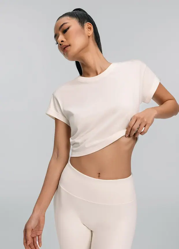 Cropped Cotton T-shirt in Ivory, front view