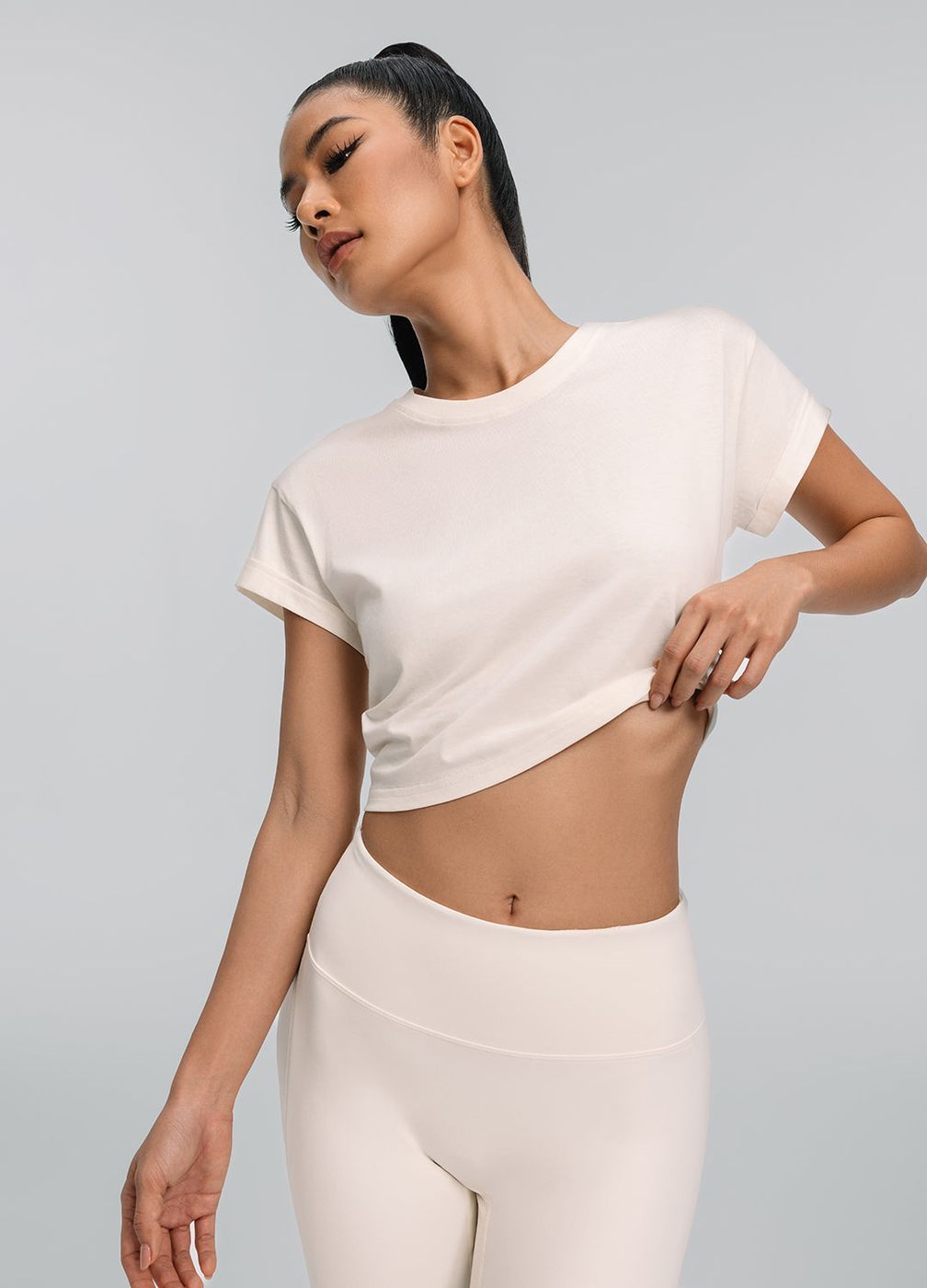 Cropped Cotton T-shirt in Ivory, front view