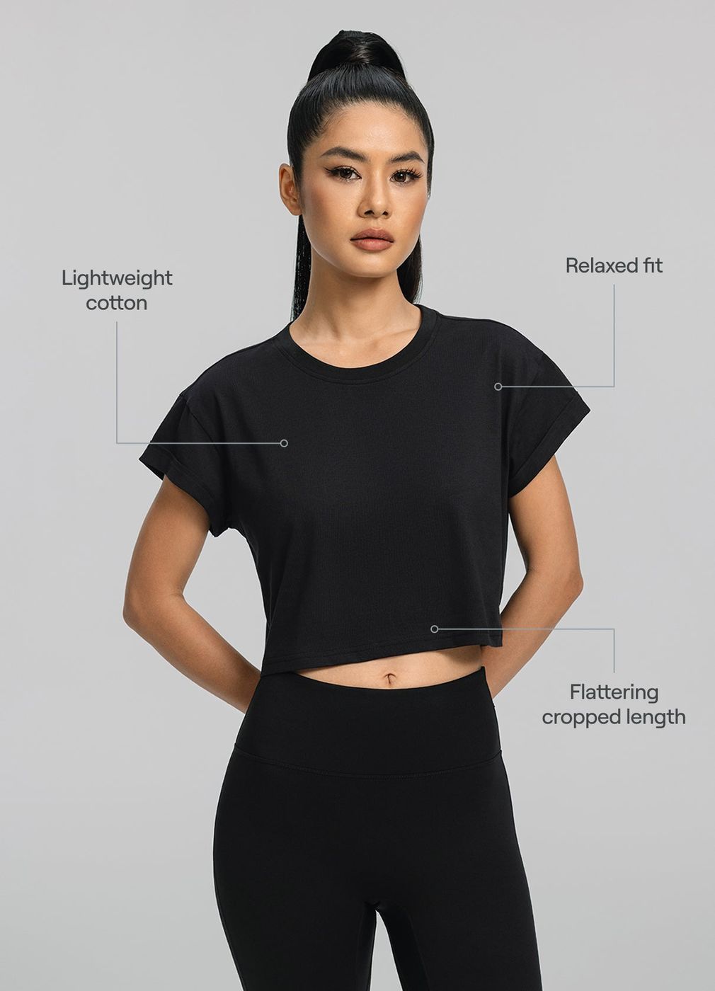 Cropped Cotton T-shirt in Black, second view
