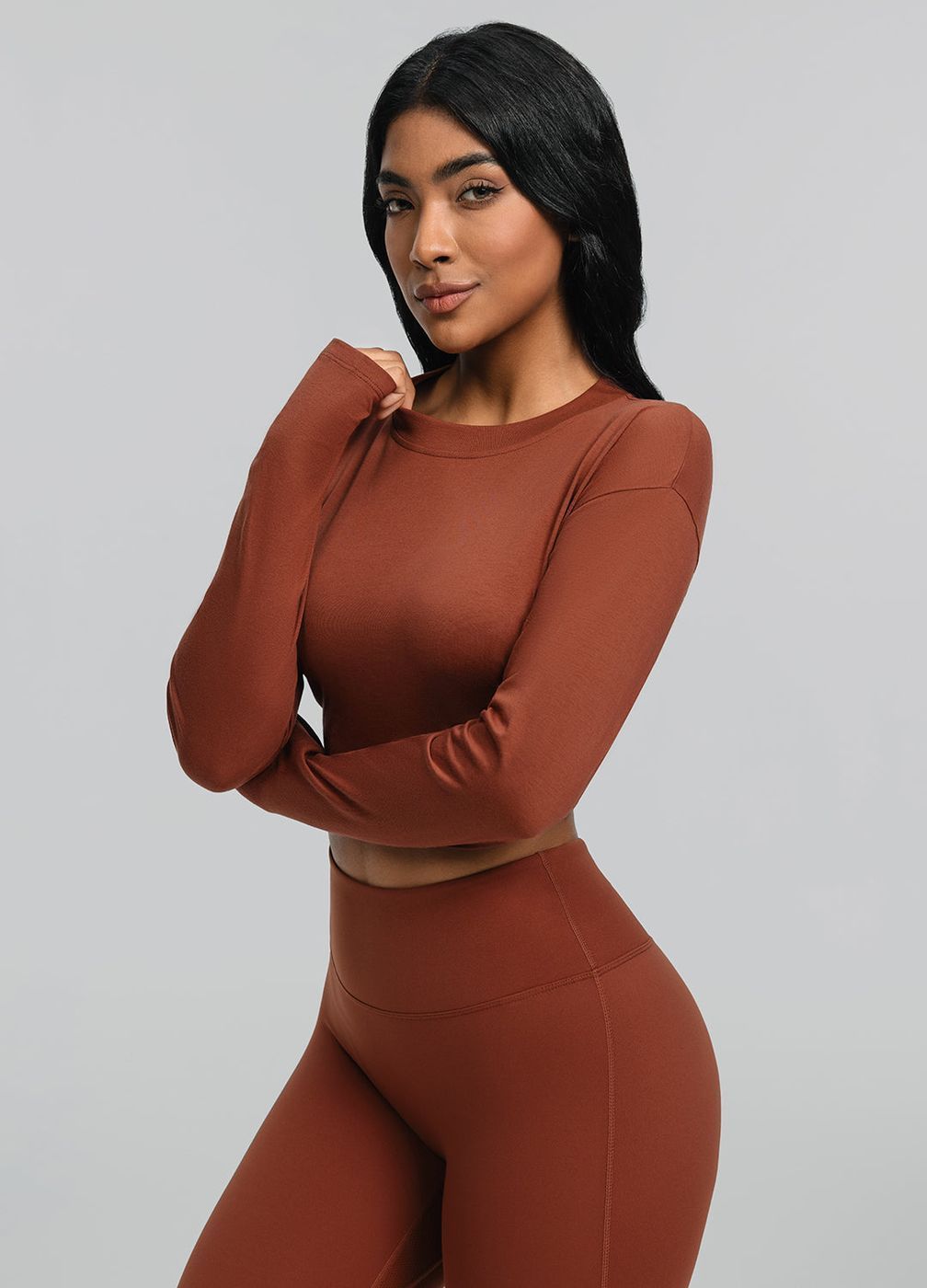 Cropped Long Sleeve in Rust Brown, front view