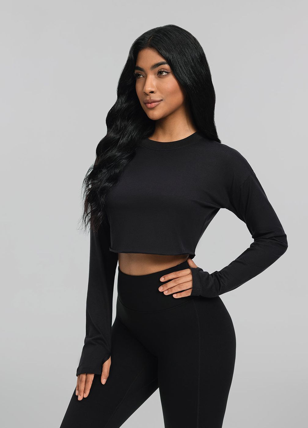 Cropped Long Sleeve in Black, front view