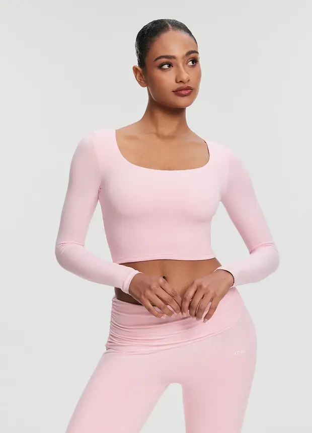 Cropped Round Neck Top in Ballet Pink, front view