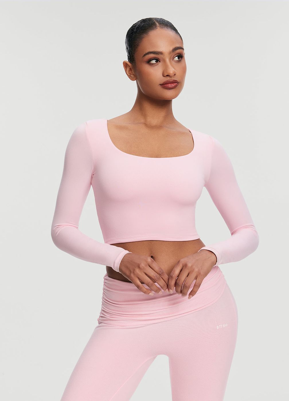 Cropped Round Neck Top in Ballet Pink, front view