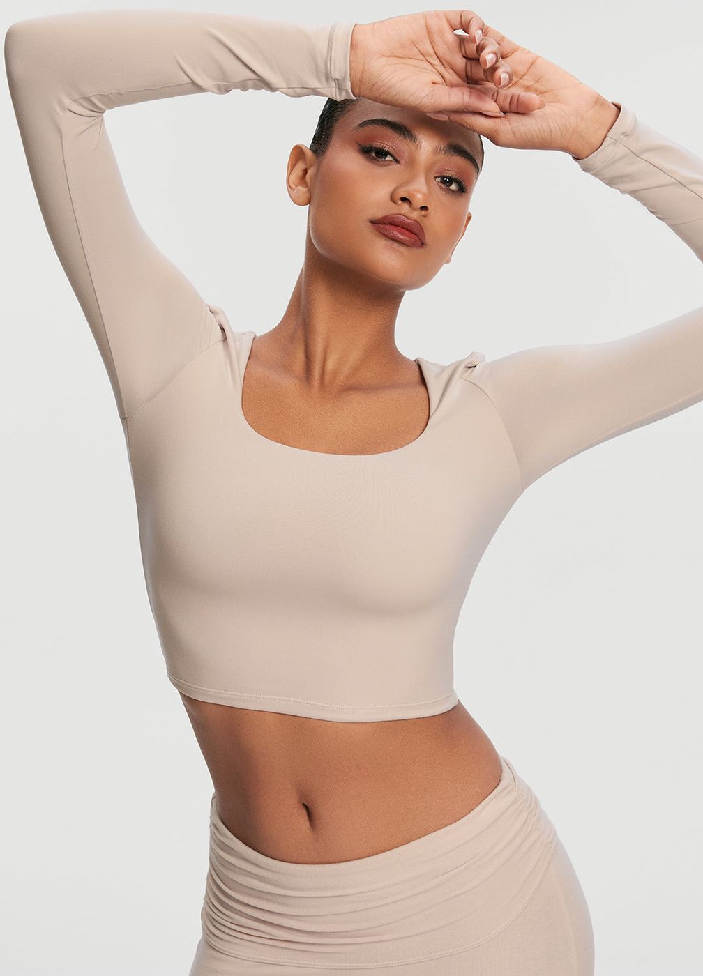 Cropped Round Neck Top in Oat Milk, front view