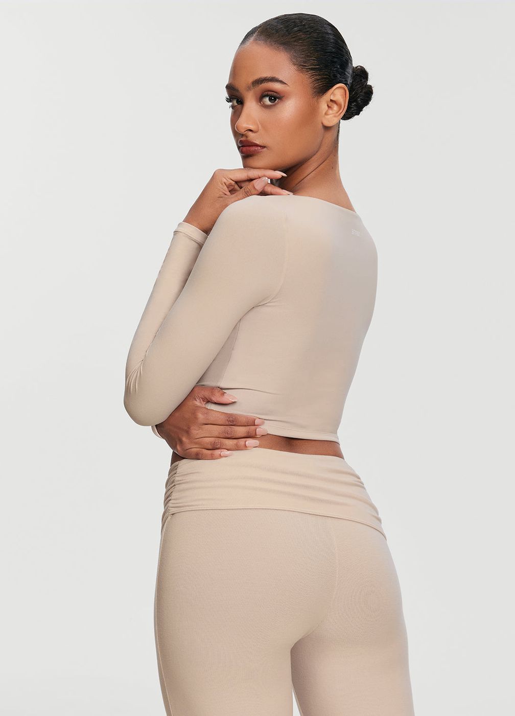 Cropped Round Neck Top in Oat Milk, detail