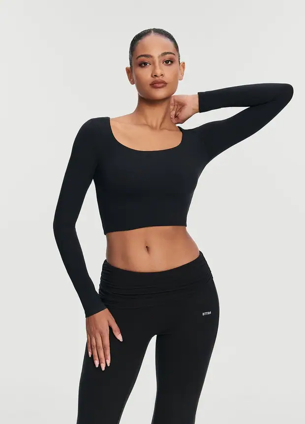 Cropped Round Neck Top in Black, front view
