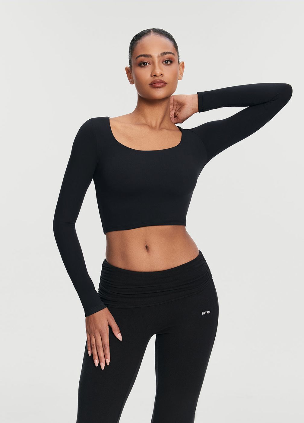 Cropped Round Neck Top in Black, front view