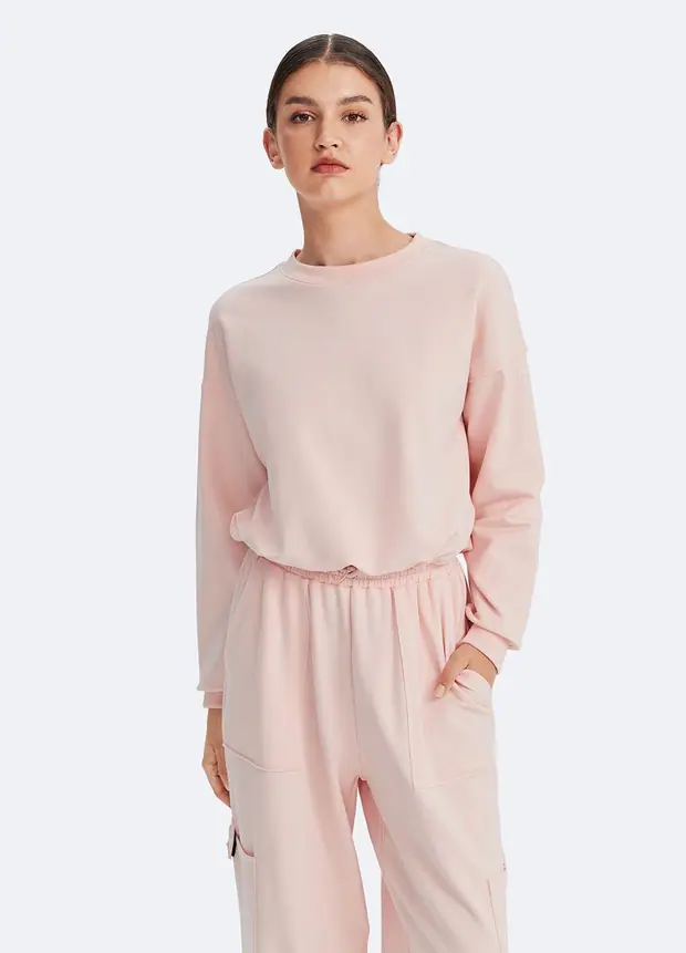 Cropped Sweatshirt with Drawstring in Marshmallow Pink, front view