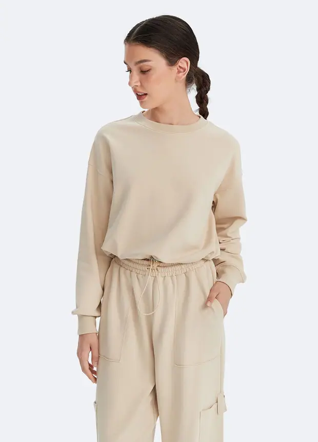 Cropped Sweatshirt with Drawstring in Oat Milk Beige, front view