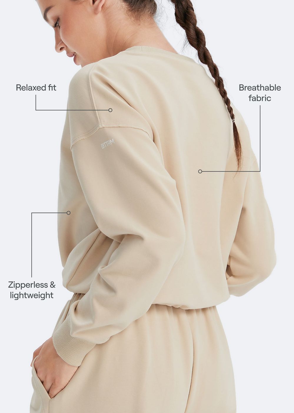 Cropped Sweatshirt with Drawstring in Oat Milk Beige, second view