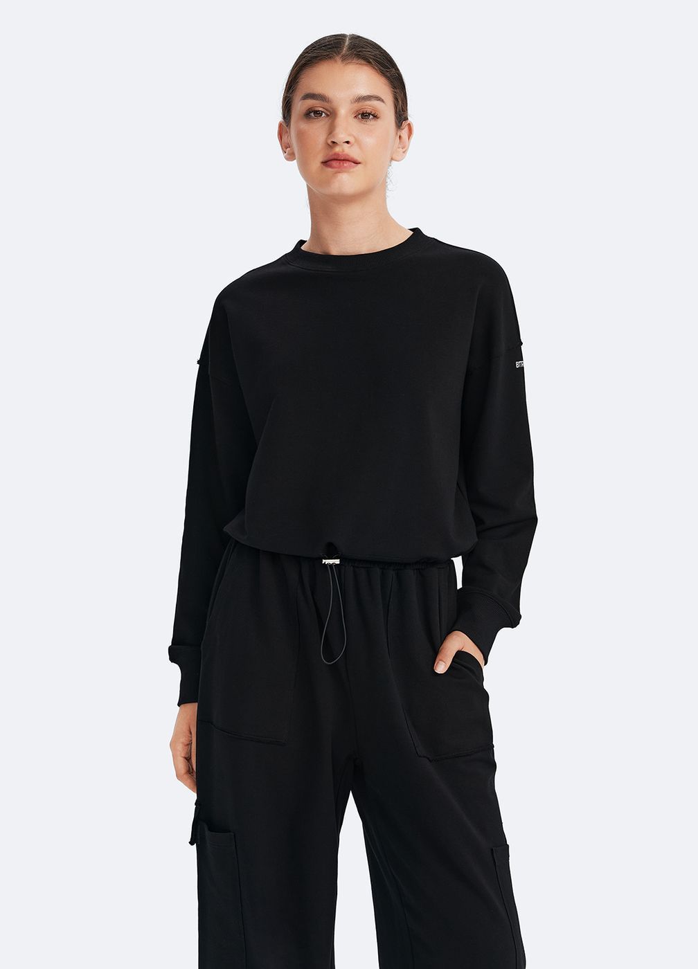 Cropped Sweatshirt with Drawstring in Black, front view