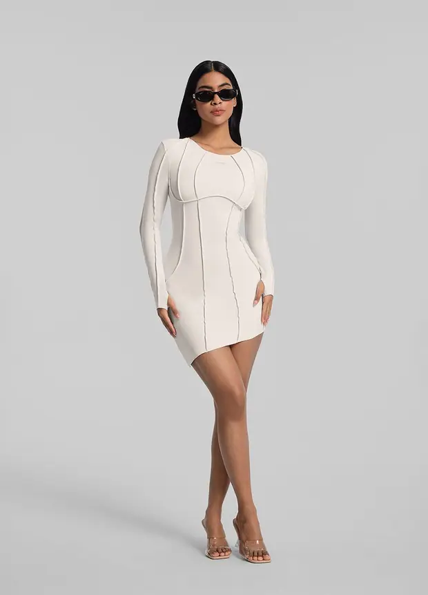 Curved Stitching Mini Dress in Ivory, front view
