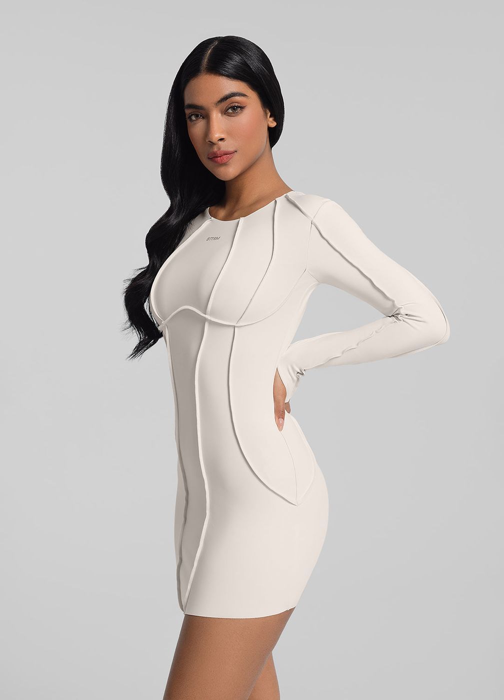 Curved Stitching Mini Dress in Ivory, second view
