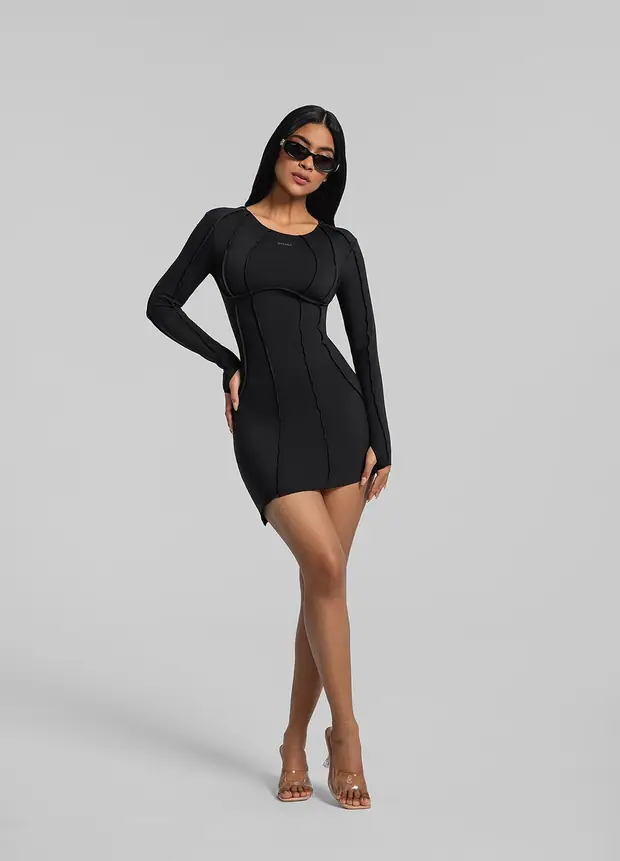 Curved Stitching Mini Dress in Black, front view