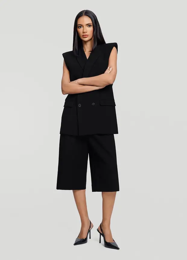 Double-breasted Longline Vest in Black, front view