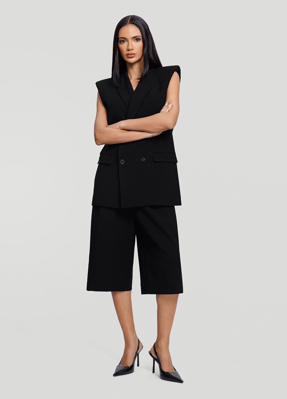 Double-breasted Longline Vest in Black, front view