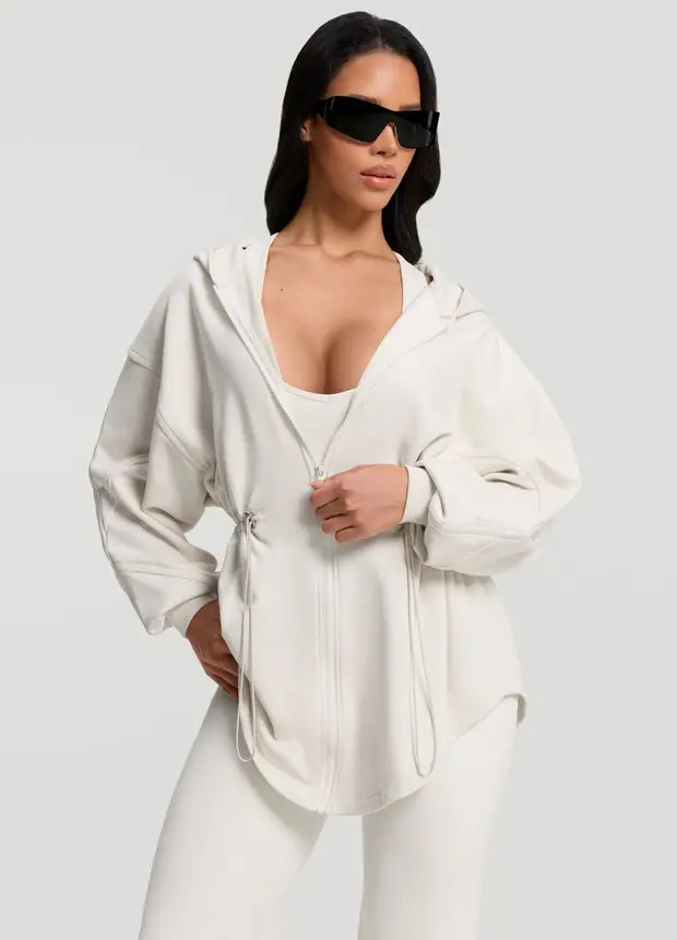 Drawcord Hoodie in Ivory, front view