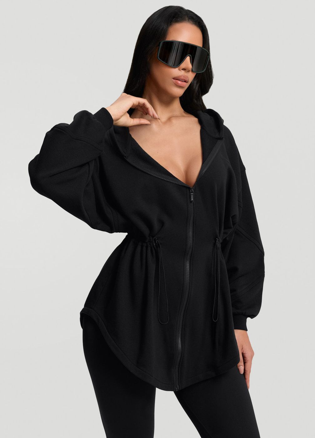 Drawcord Hoodie in Black, front view