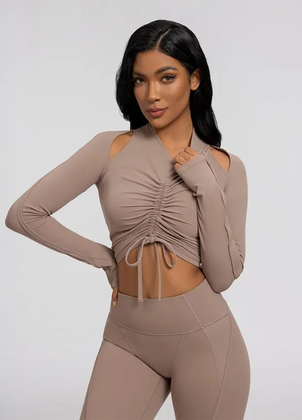 Drawstring Crop Top in Cocoa, front view