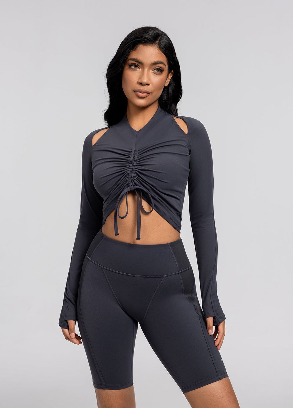 Drawstring Crop Top in Charcoal, front view